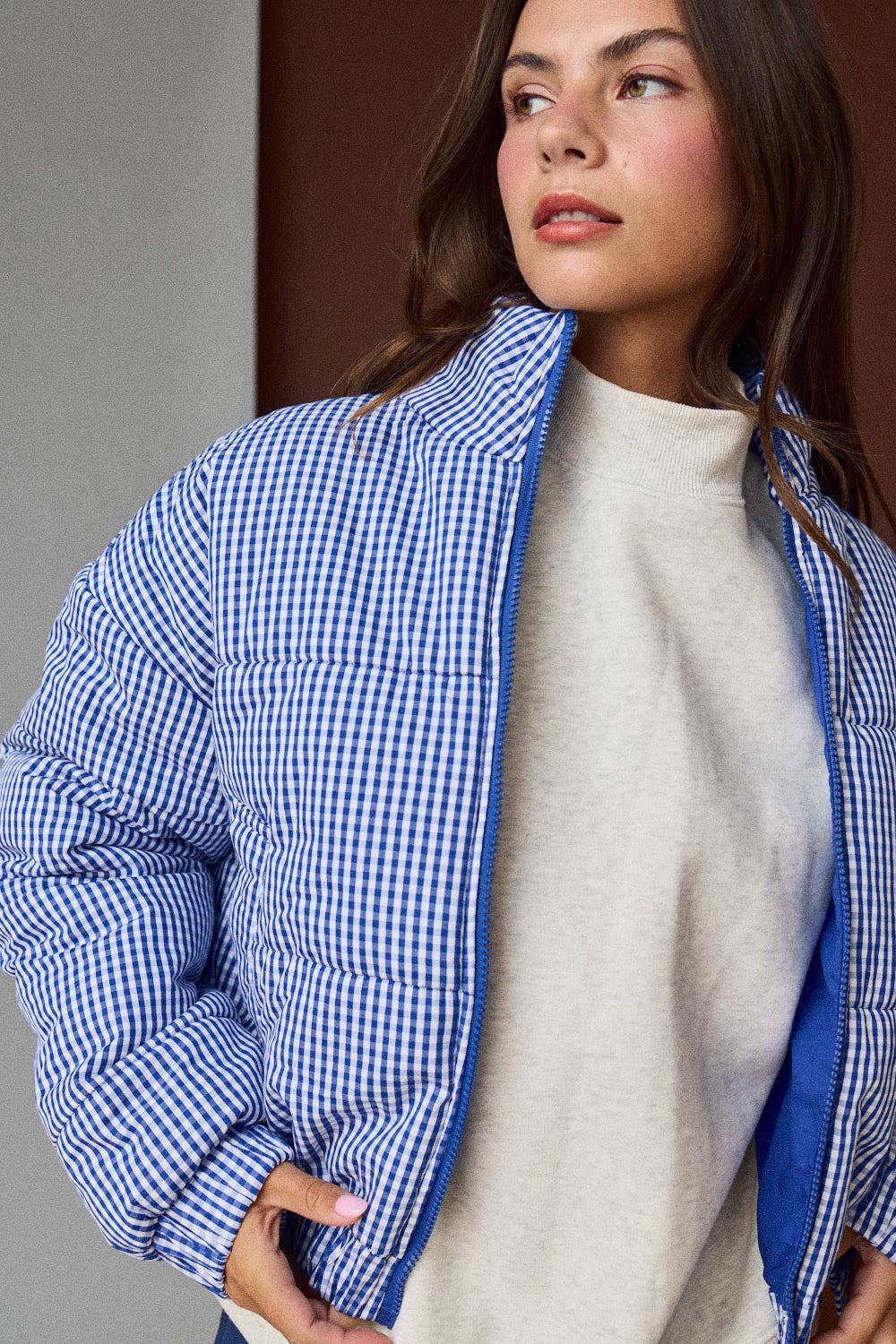 Gingham Zip Up Puffer Jacket
