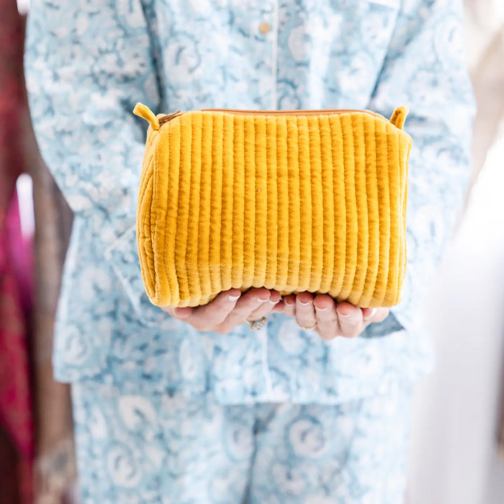 Velvet & Block Print Lined Cosmetic Pouch
