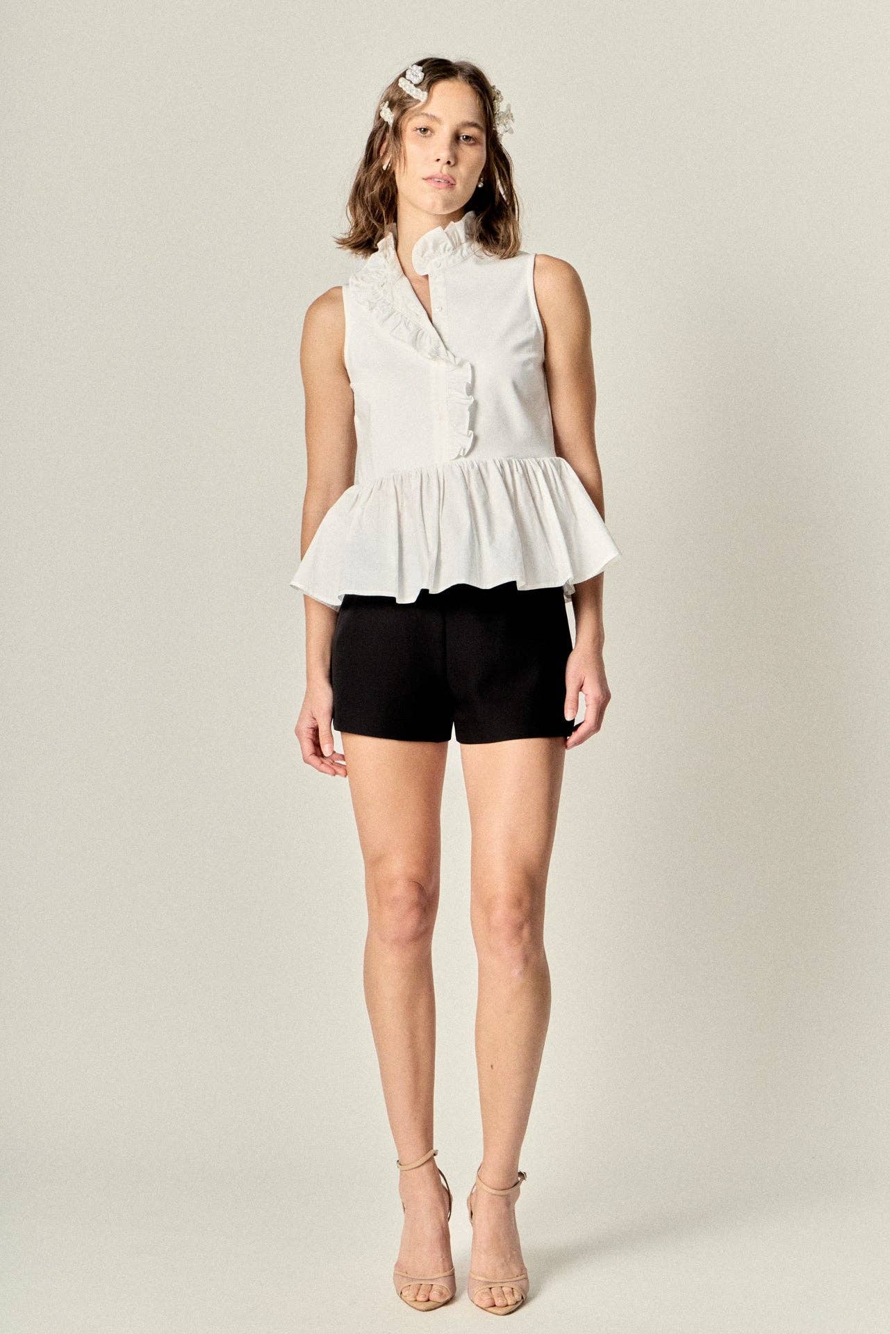 Sleeveless Ruffle Peplum Mixed Media Top