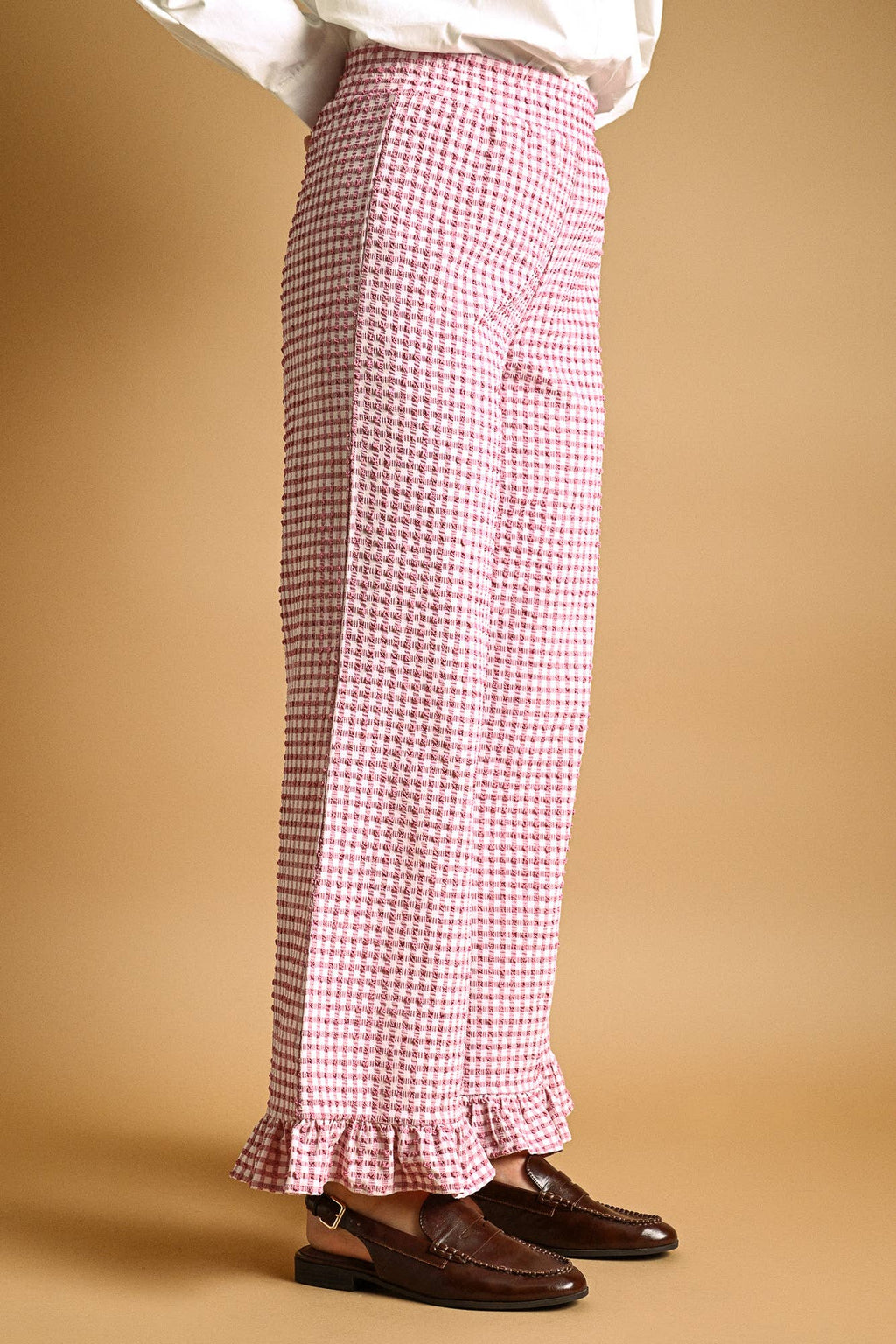 Crinkled Gingham Pants with Ruffle Hem
