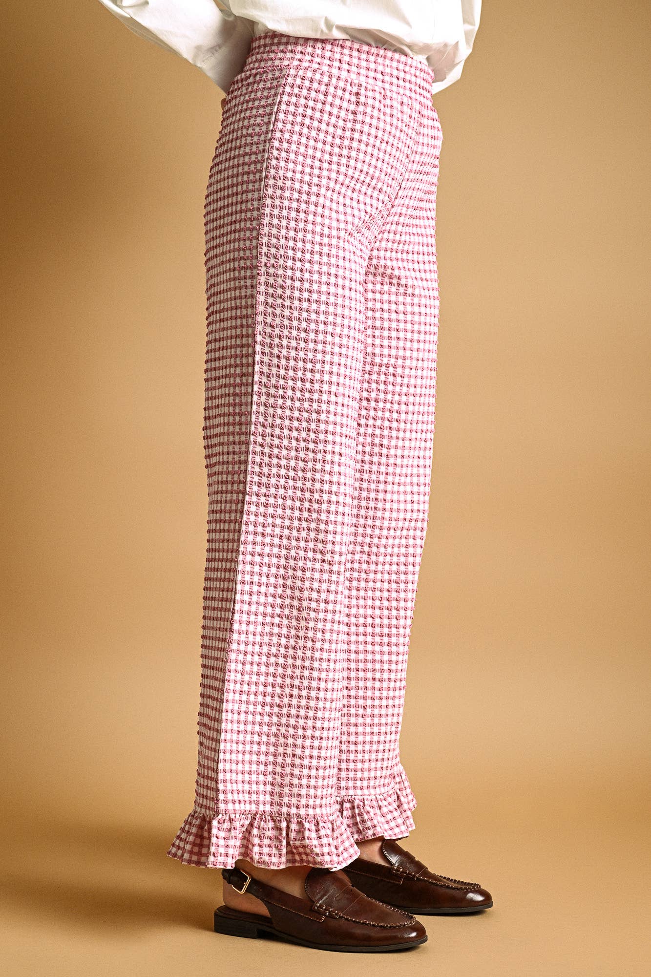 Crinkled Gingham Pants with Ruffle Hem
