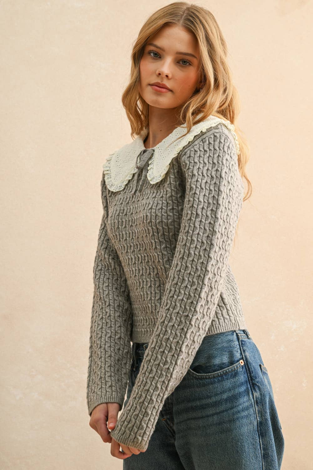 Crochet Collar Cable Knit Blouse