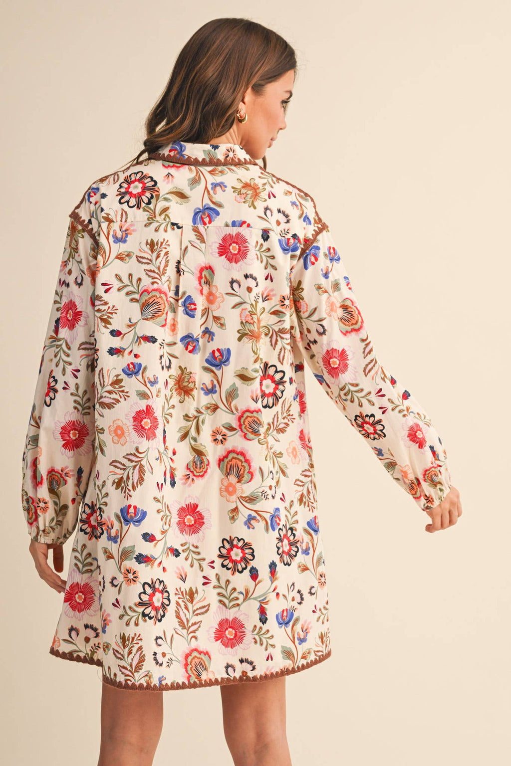 Blanket Stitch Buttoned Floral Mini Dress