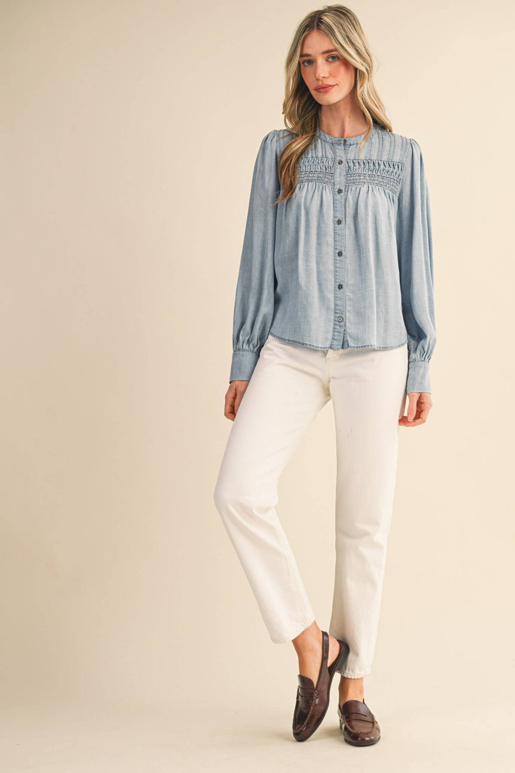Chambray Pintuck Detail Button Down Top