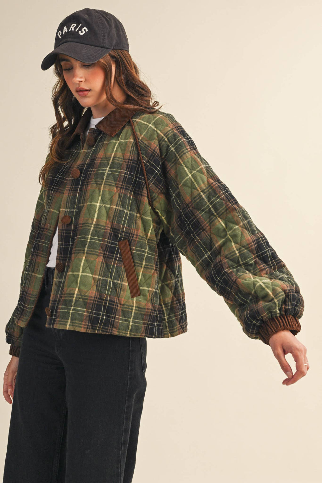 Plaid Quilted Jacket with Contrast Corduroy Detail