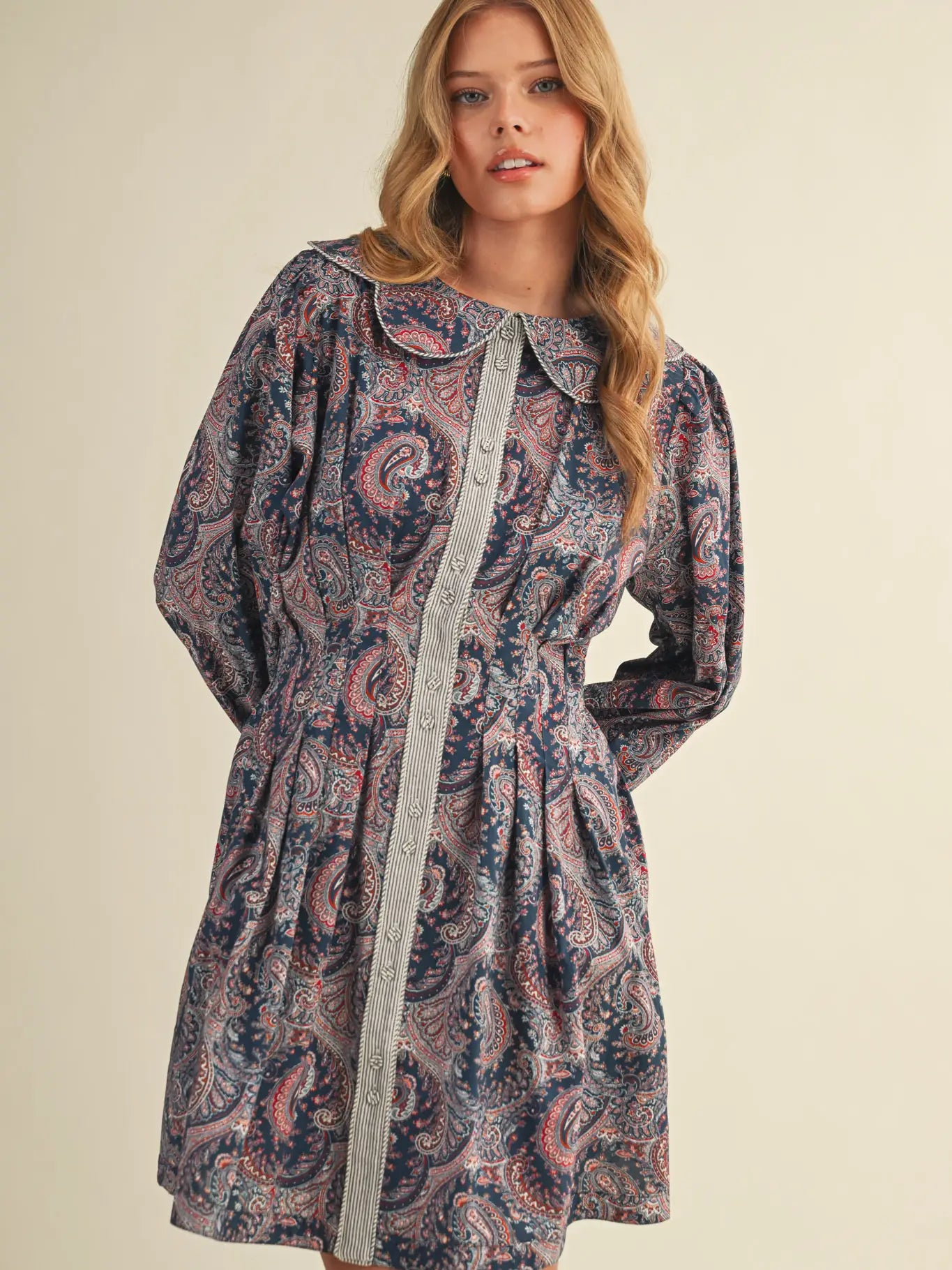 Paisley Pleated Waist Flared Mini Dress