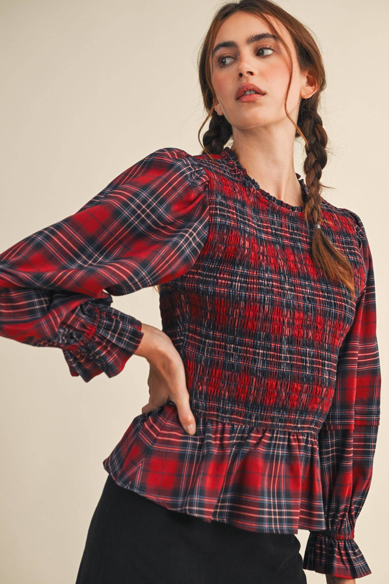 Smocked Plaid Puff Sleeve Peplum Top