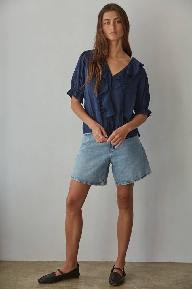 Buttondown V-Neck Short Sleeve Top