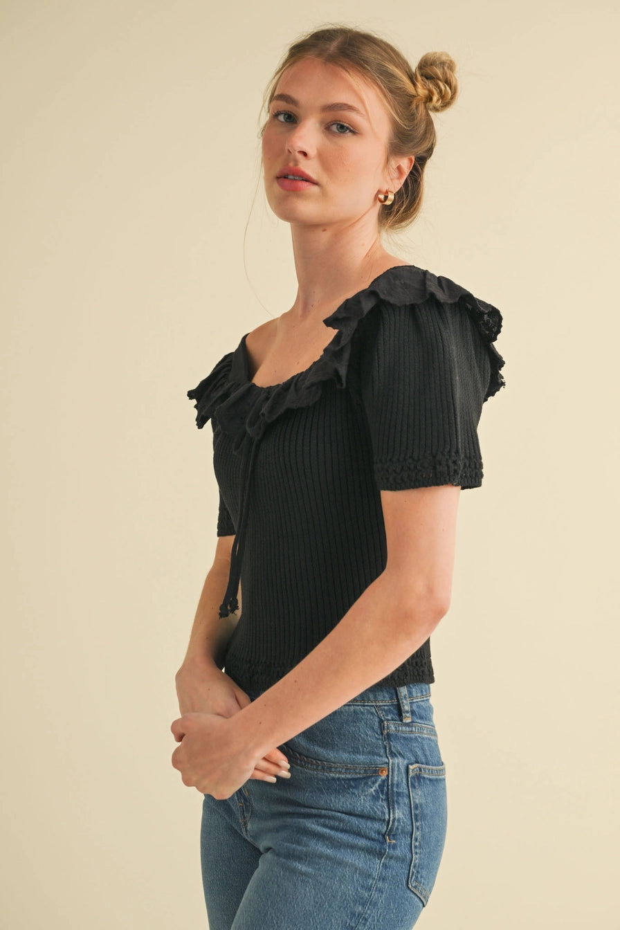 Black Ruffle Trim Short Sleeve Sweater