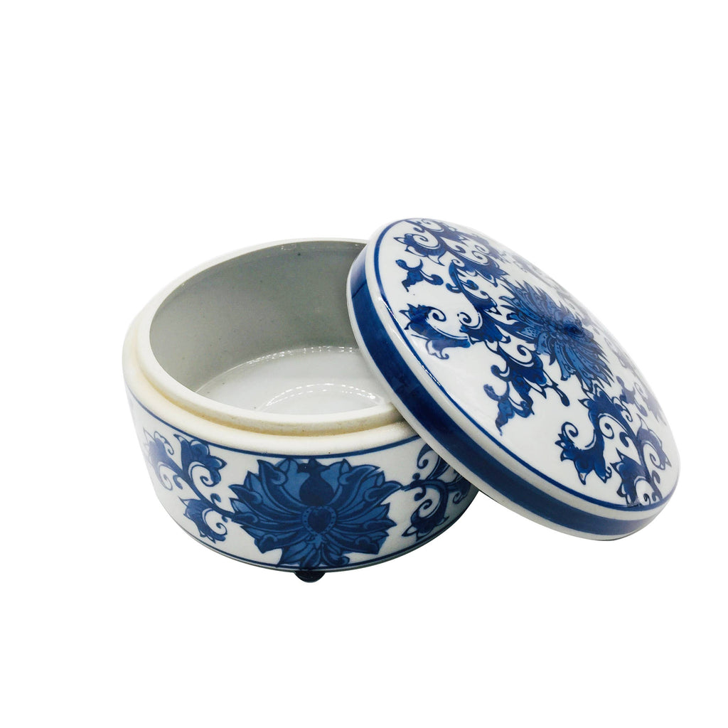 Blue & White Chinoiserie Round Ceramic Box - Lotus