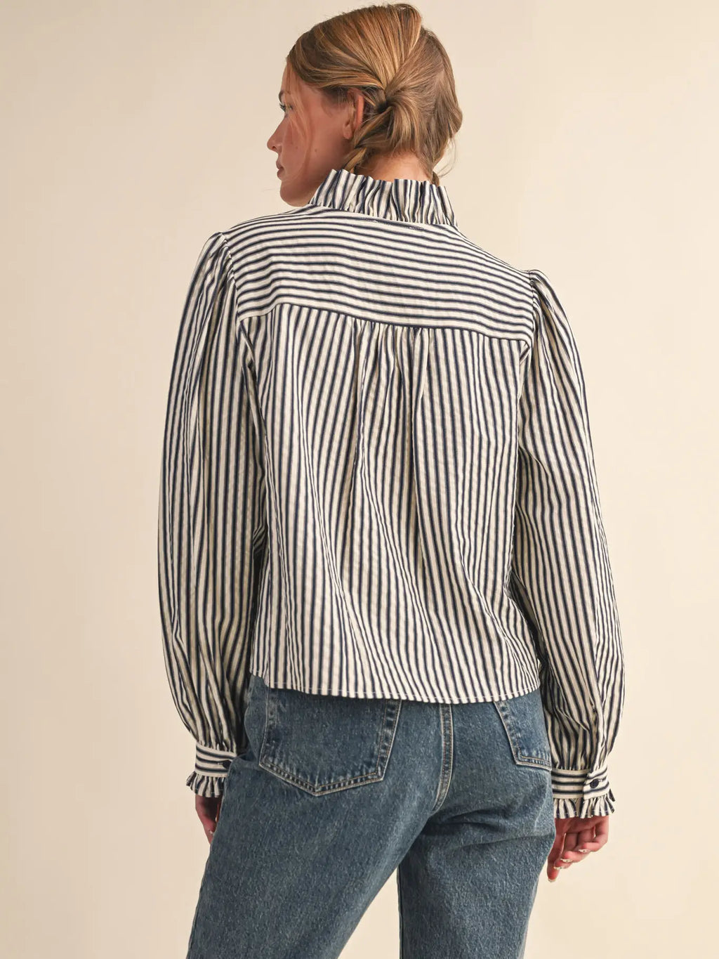 Striped Ruffled Button Down Top in Denim Blue Stripe