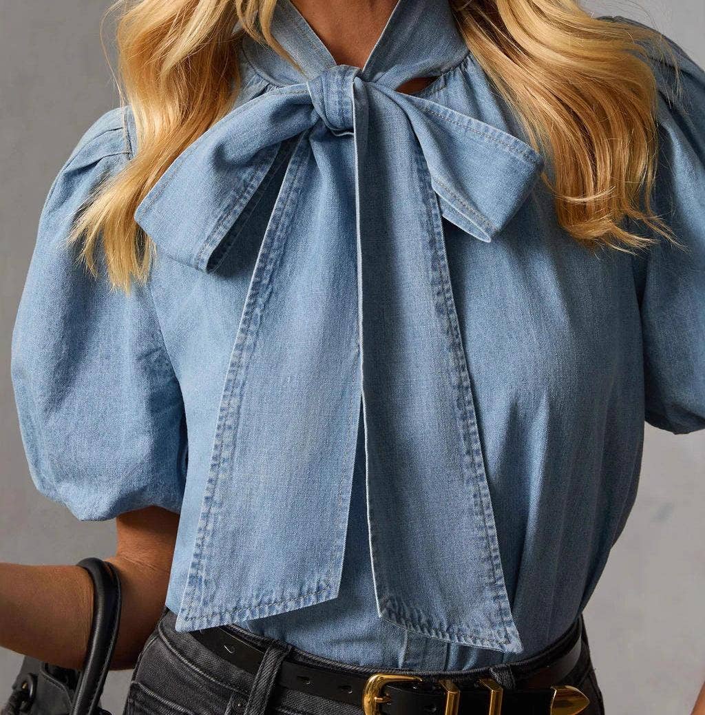 Denim Bow Blouse with Puff Sleeves