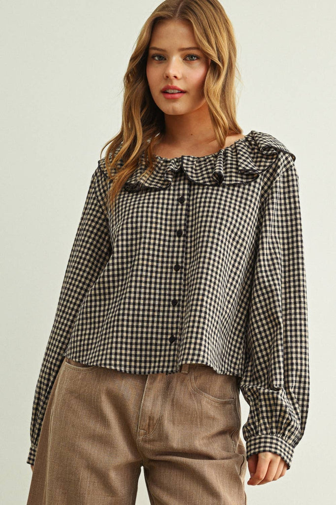 Mini Gingham Ruffled Collar Blouse