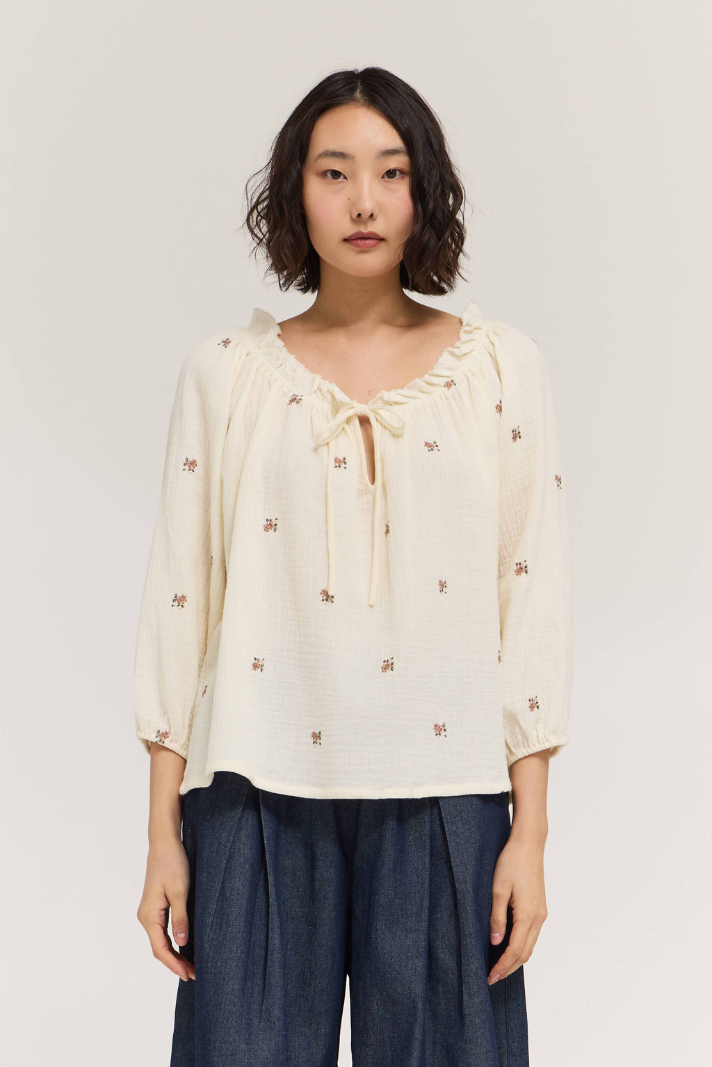 Embroidered Gauze Drawstring Blouse