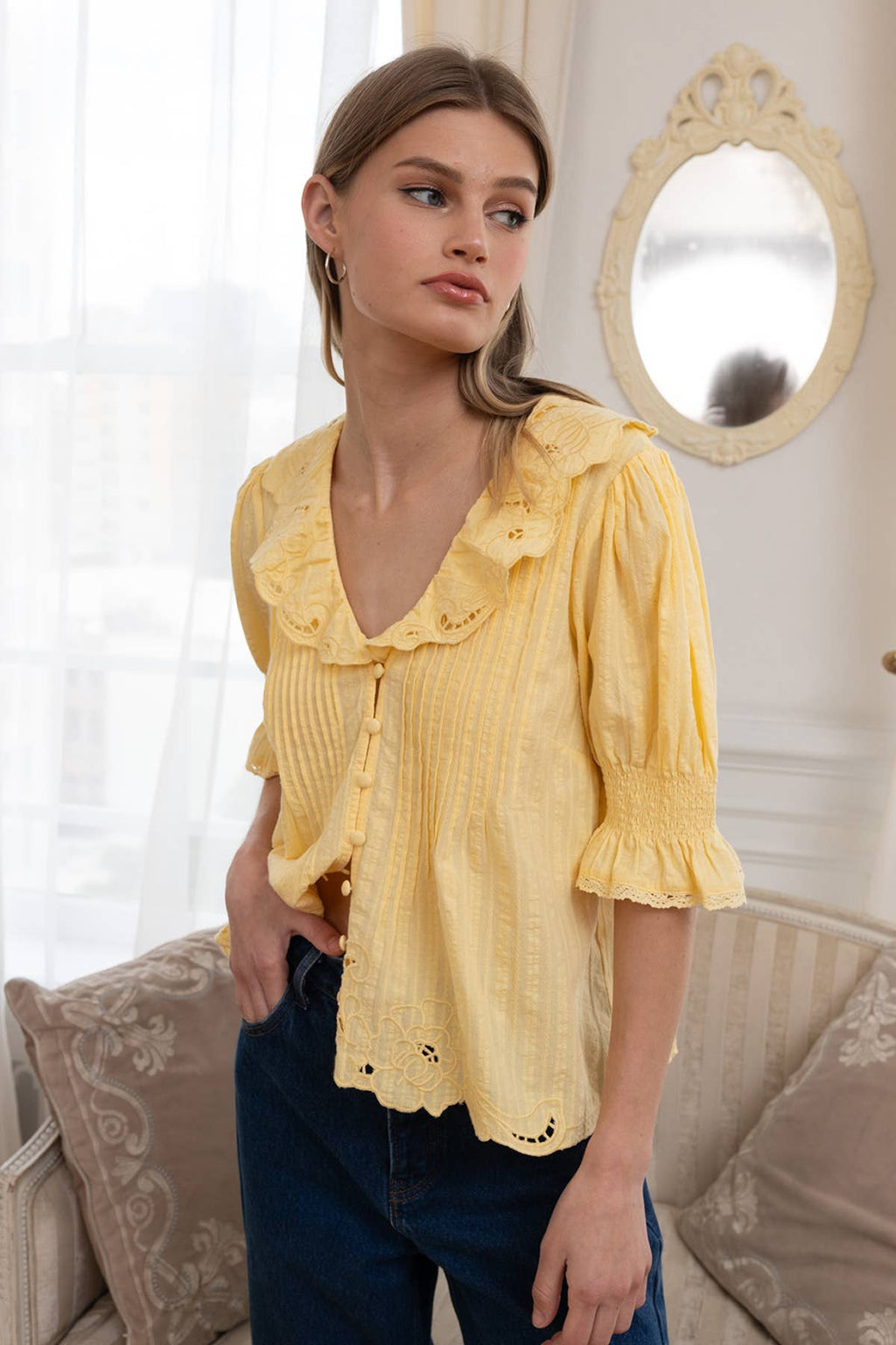 Embroidered Collar Button Blouse