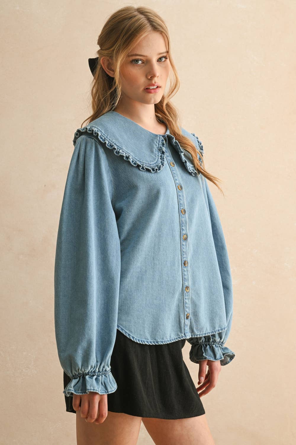 Ruffled Trim Collar Denim Shirt