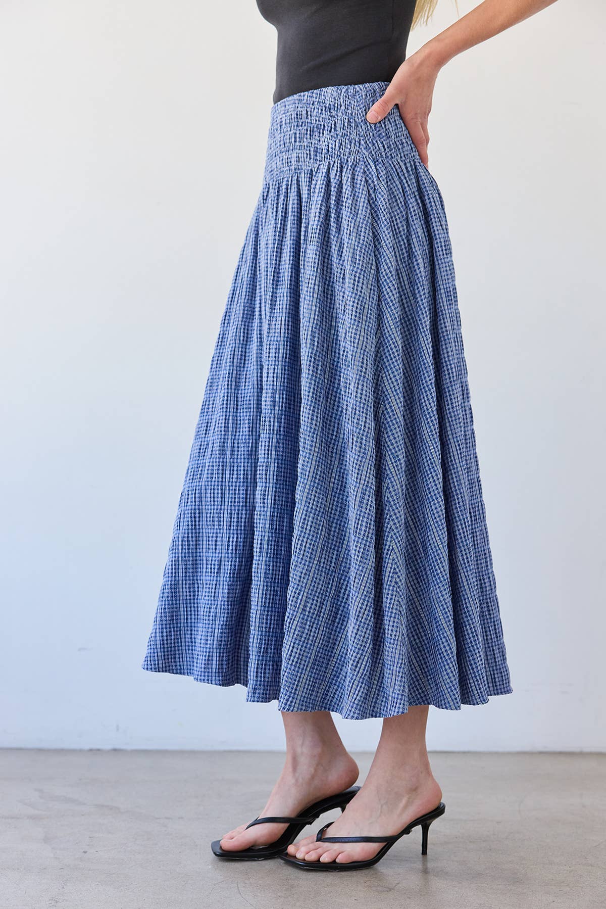 Smocked Waist Check Midi Skirt