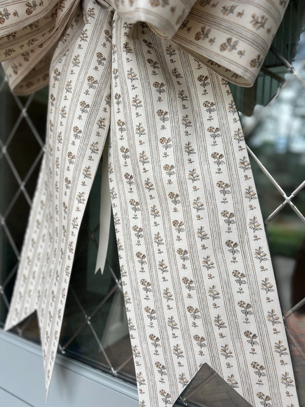 Tan and Blue Stripe and Floral Bow