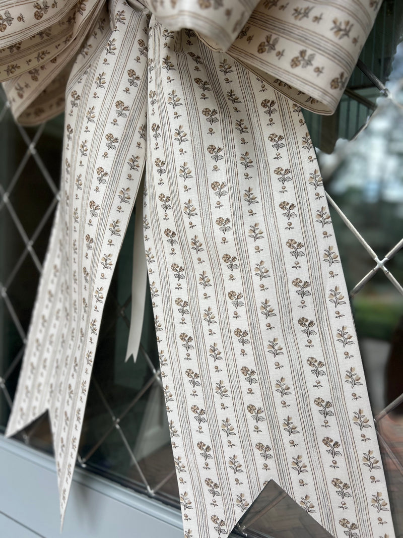 Tan and Blue Stripe and Floral Bow