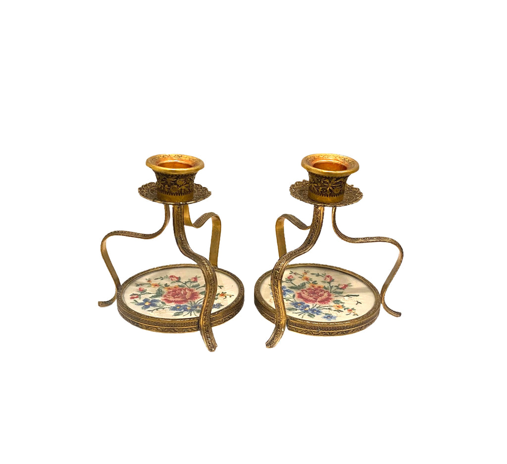 Petit Point Needlework and Brass Candlesticks
