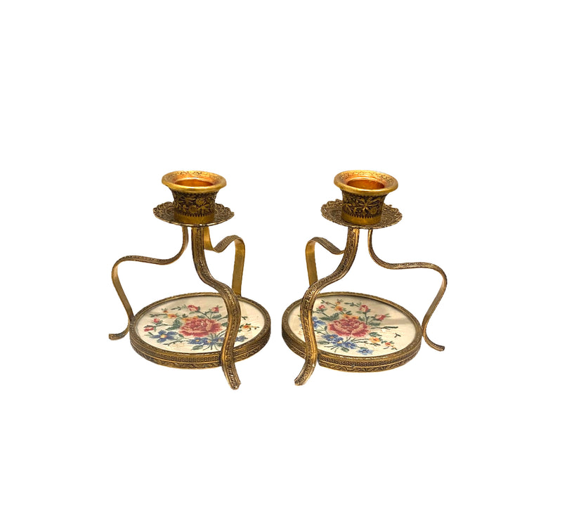 Petit Point Needlework and Brass Candlesticks