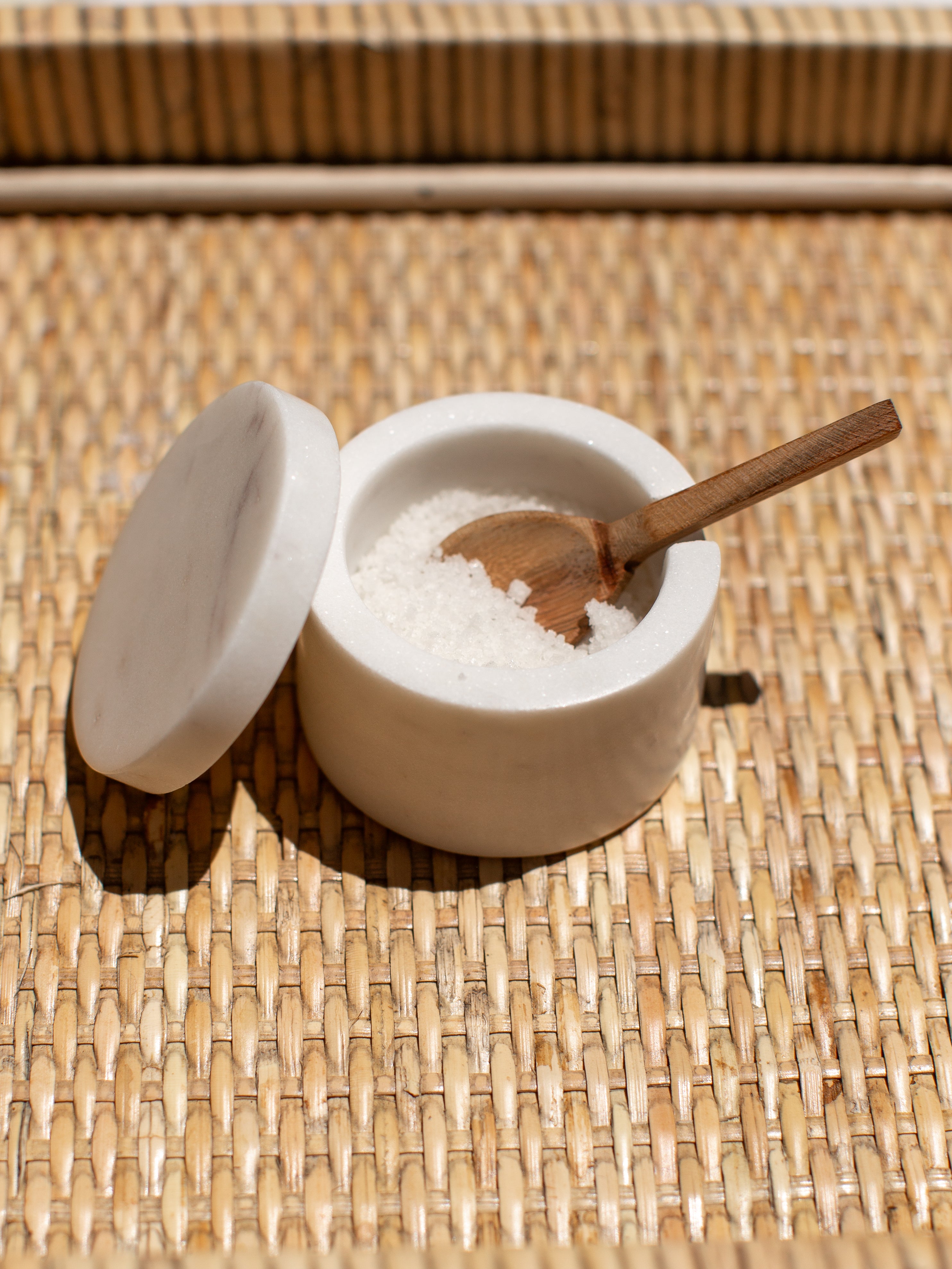 White Marble Lidded Cellar with Wood Spoon