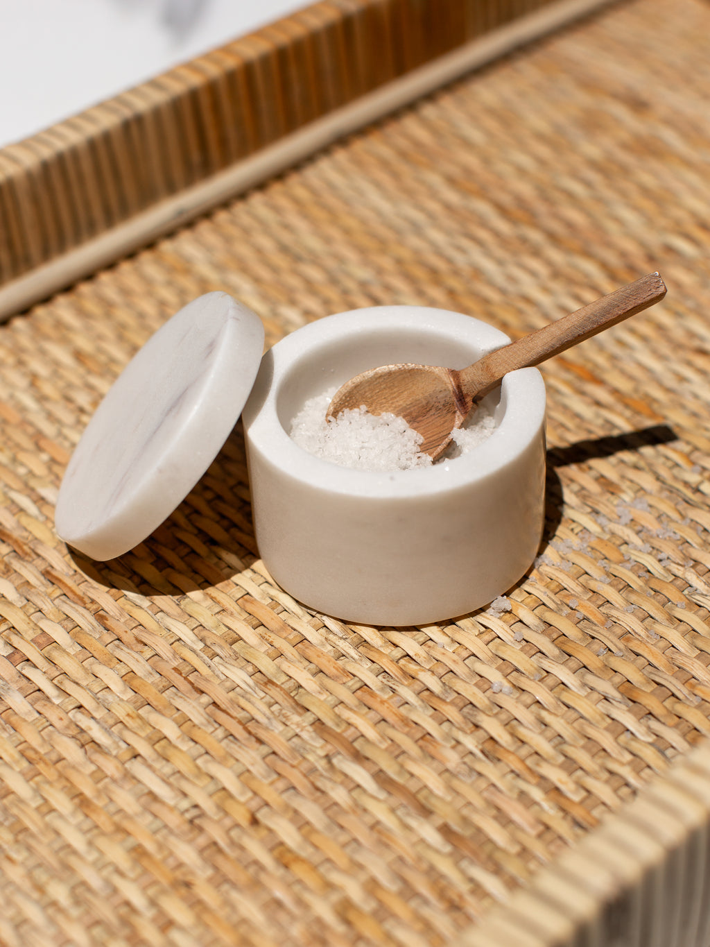 White Marble Lidded Cellar with Wood Spoon