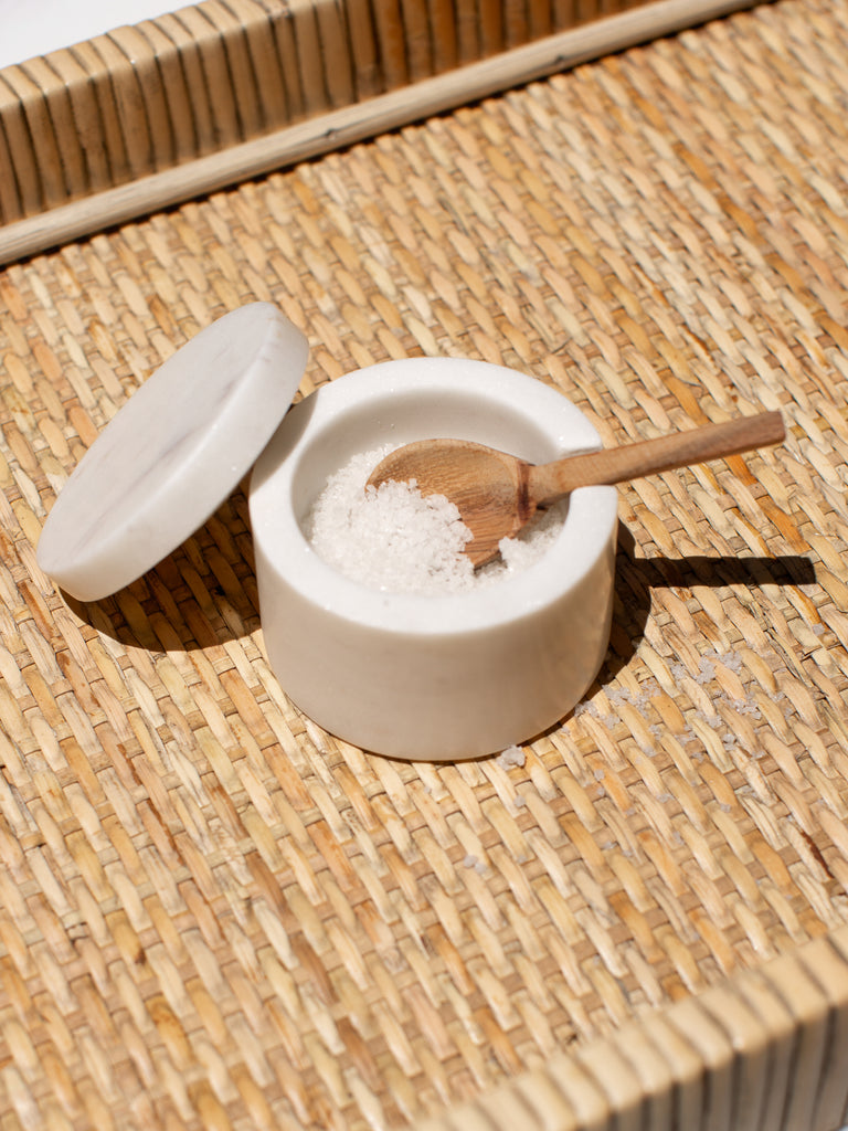White Marble Lidded Cellar with Wood Spoon