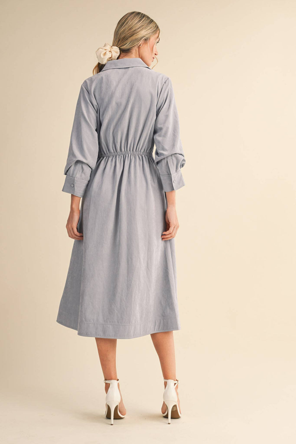 Pleated Waist Button Down Midi Dress