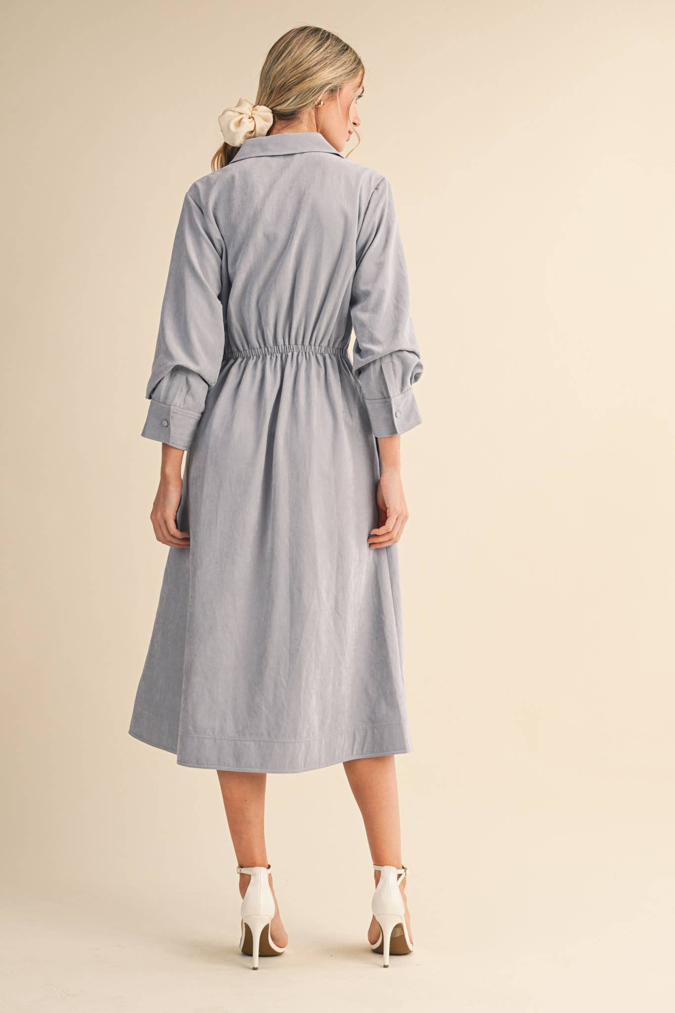 Pleated Waist Button Down Midi Dress