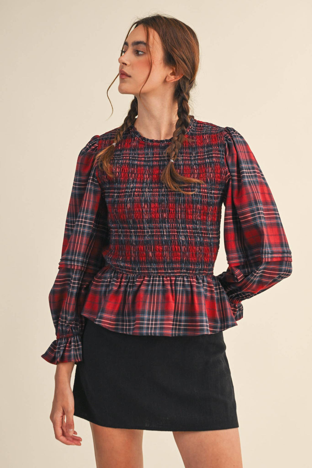 Smocked Plaid Puff Sleeve Peplum Top