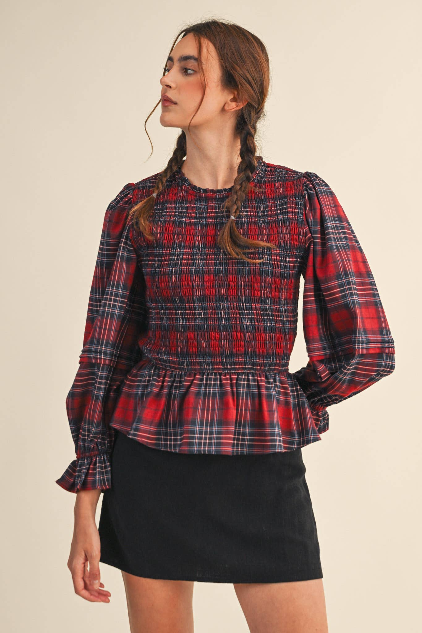 Smocked Plaid Puff Sleeve Peplum Top
