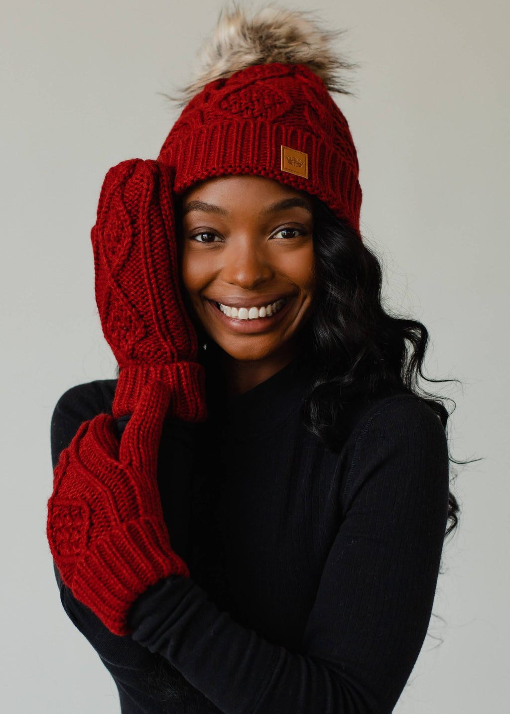 Dark Red Cable Knit Pom Hat