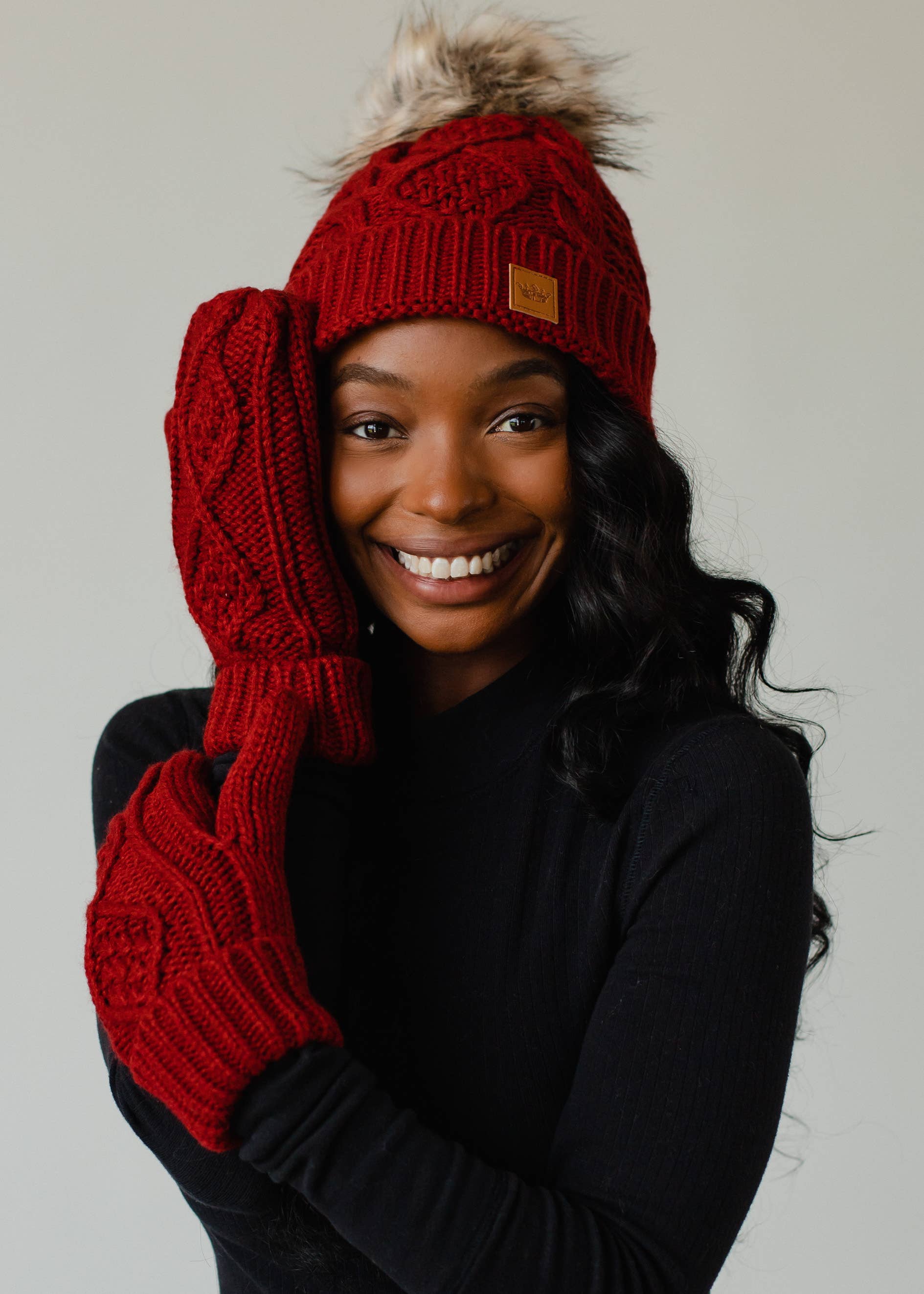 Dark Red Cable Knit Pom Hat