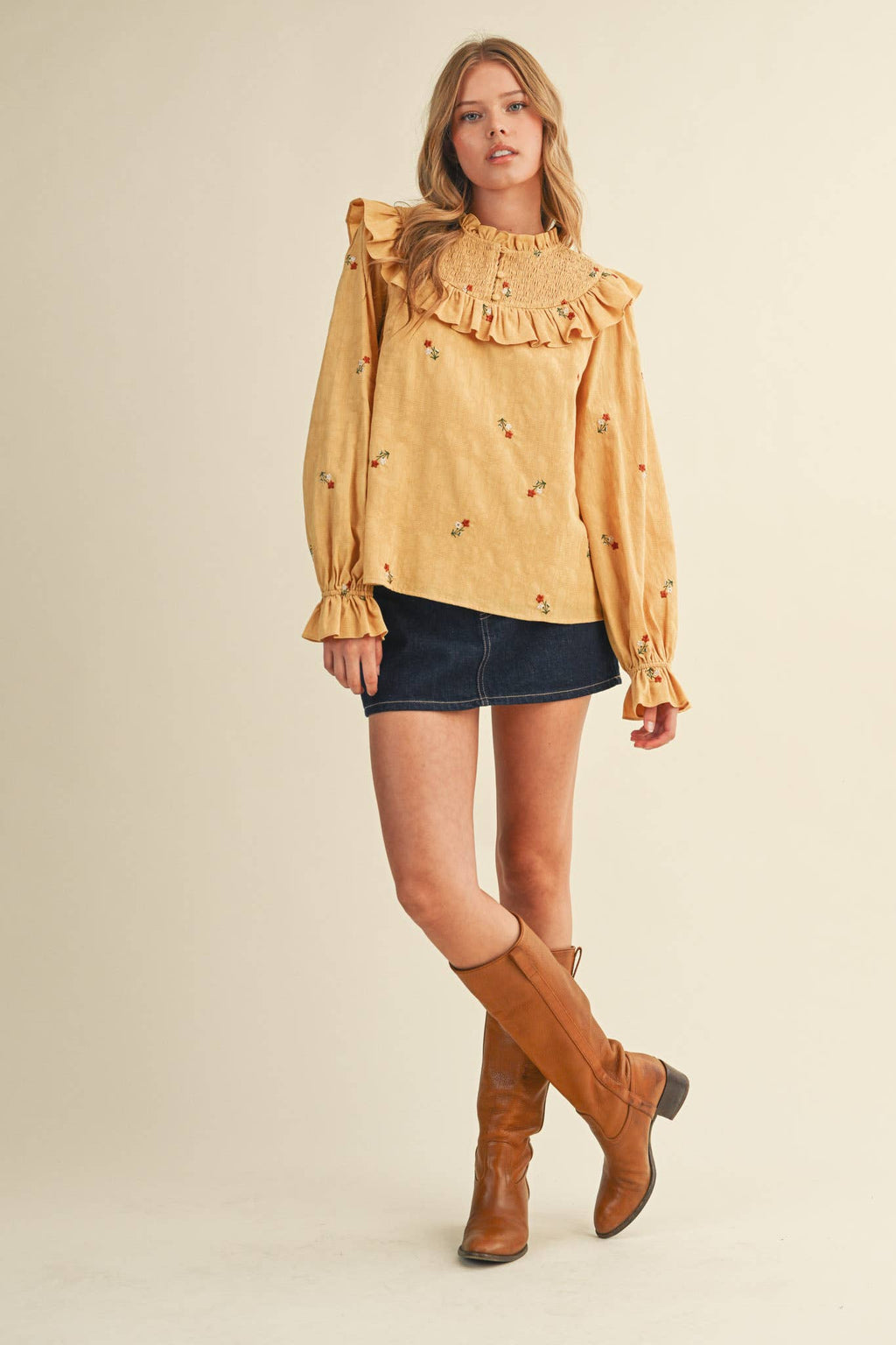 Smocked Yoke Embroidered Blouse