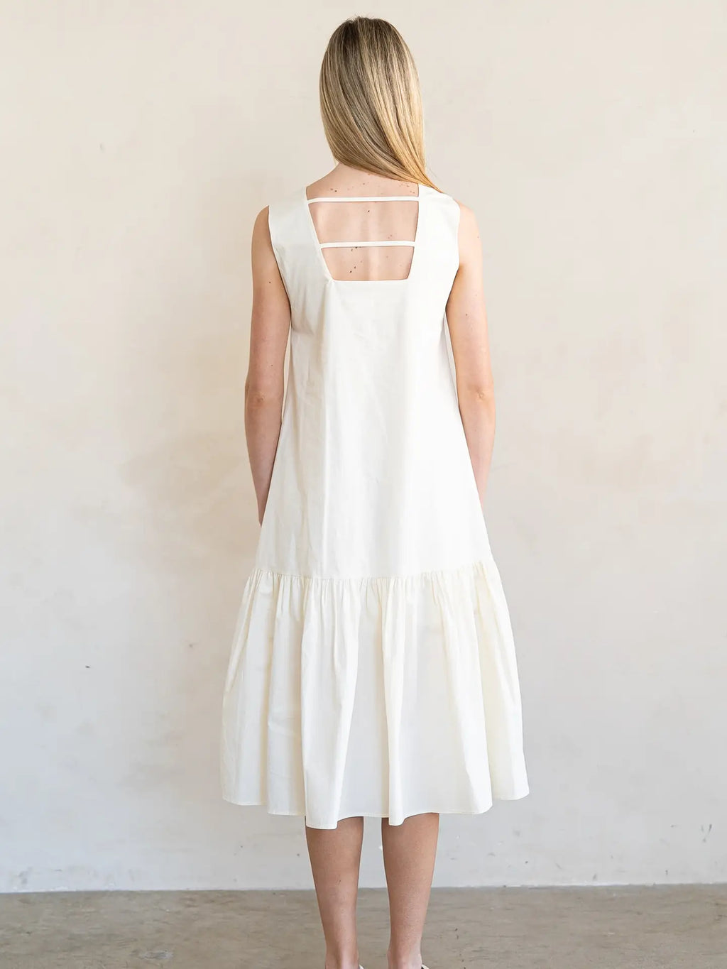 Ivory Open Back Ruffled Poplin Midi Dress