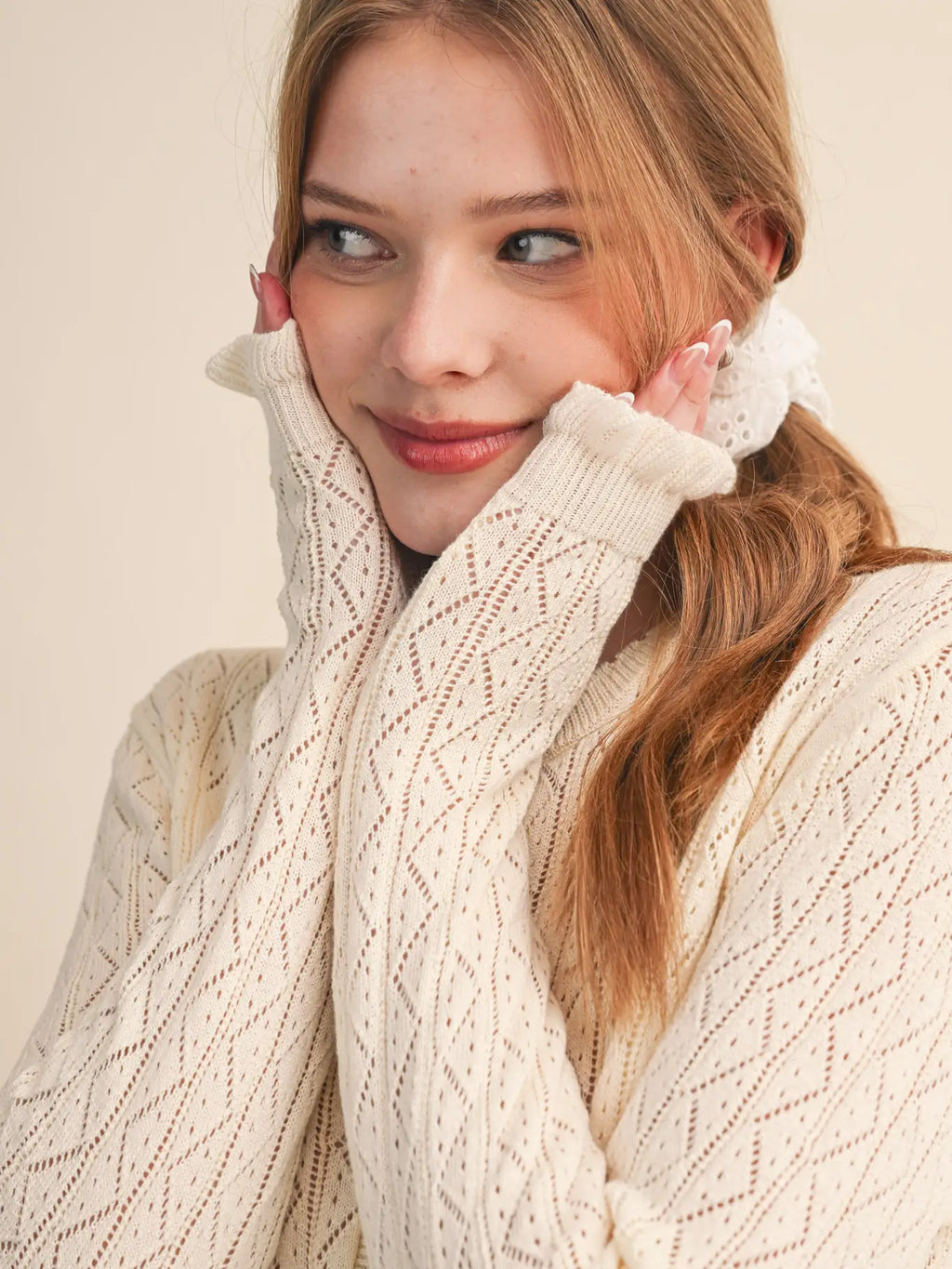 Ruffled Edge Pointelle Knit Sweater Cardigan