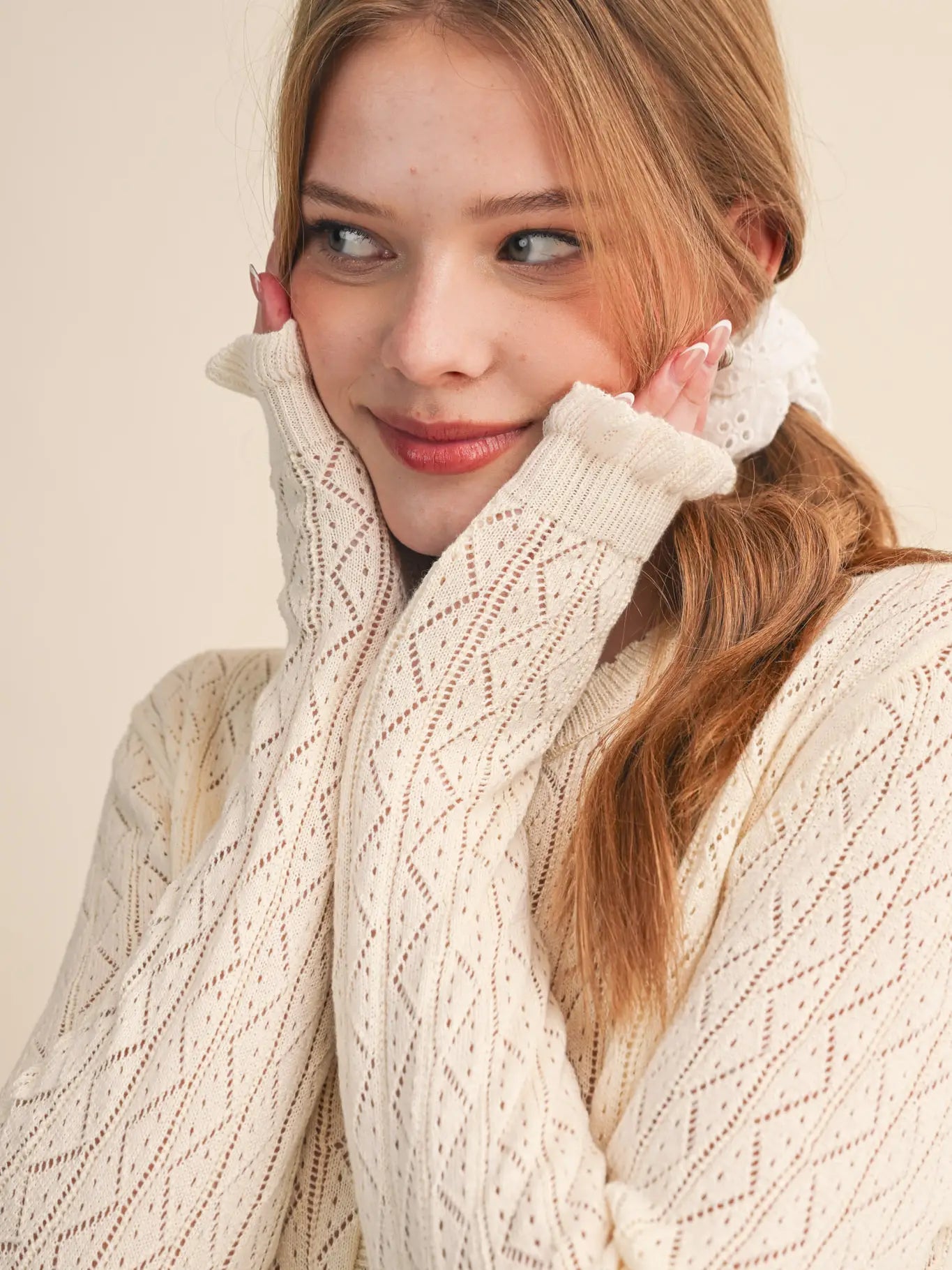 Ruffled Edge Pointelle Knit Sweater Cardigan