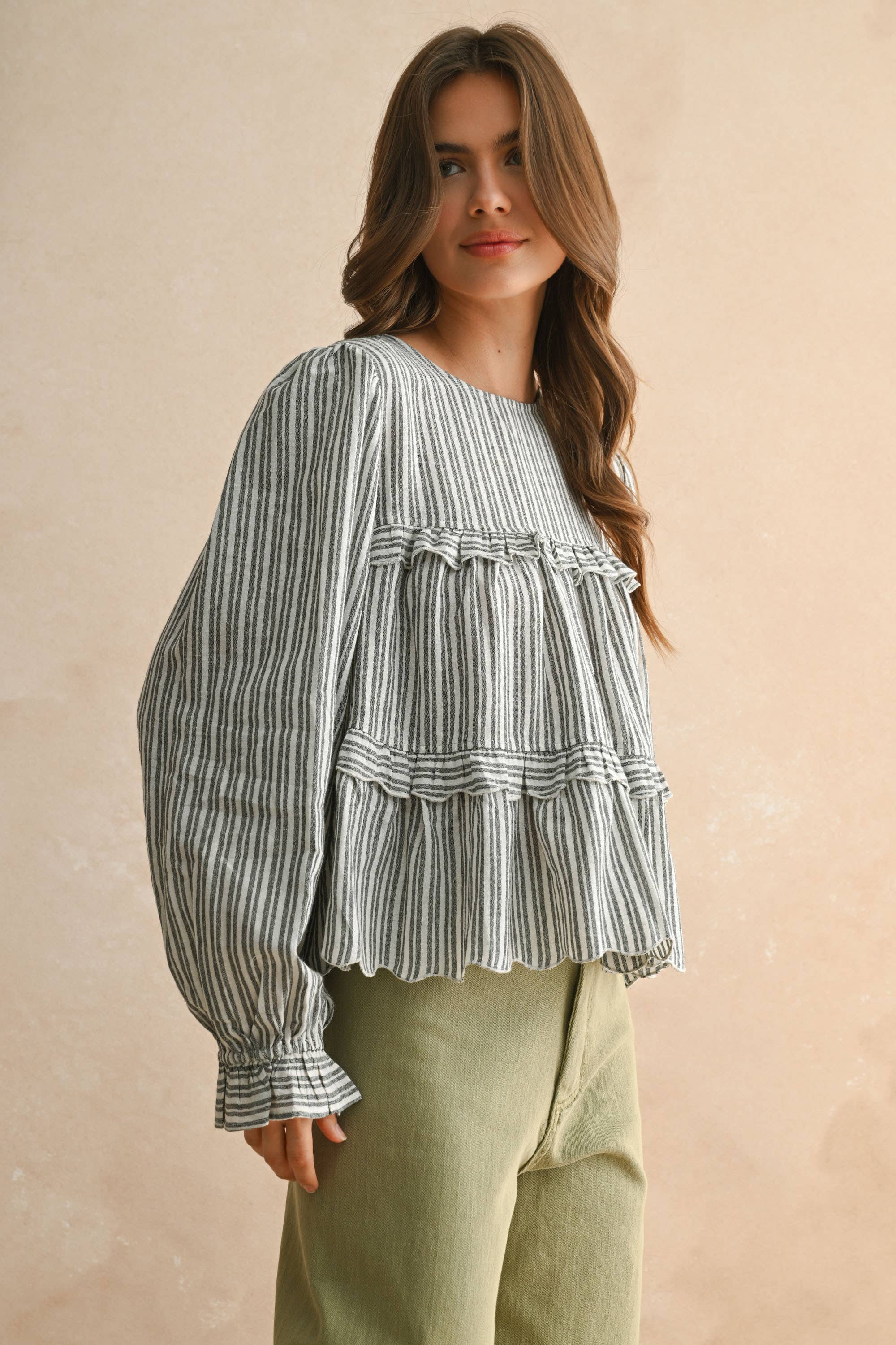 Striped Pattern Ruffle Detail Blouse