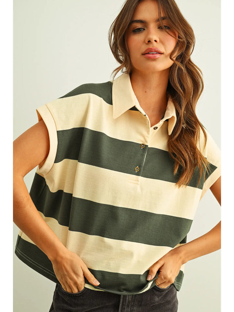 Wide Stripe Polo Shirt in Green Beige