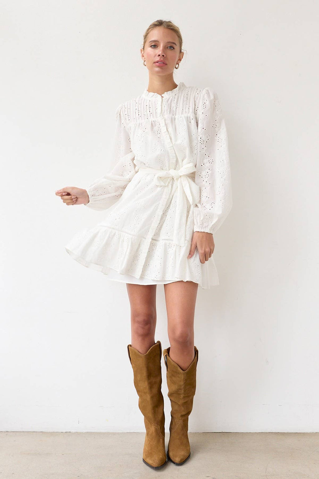 Ruffle Pintuck Dress With Tie