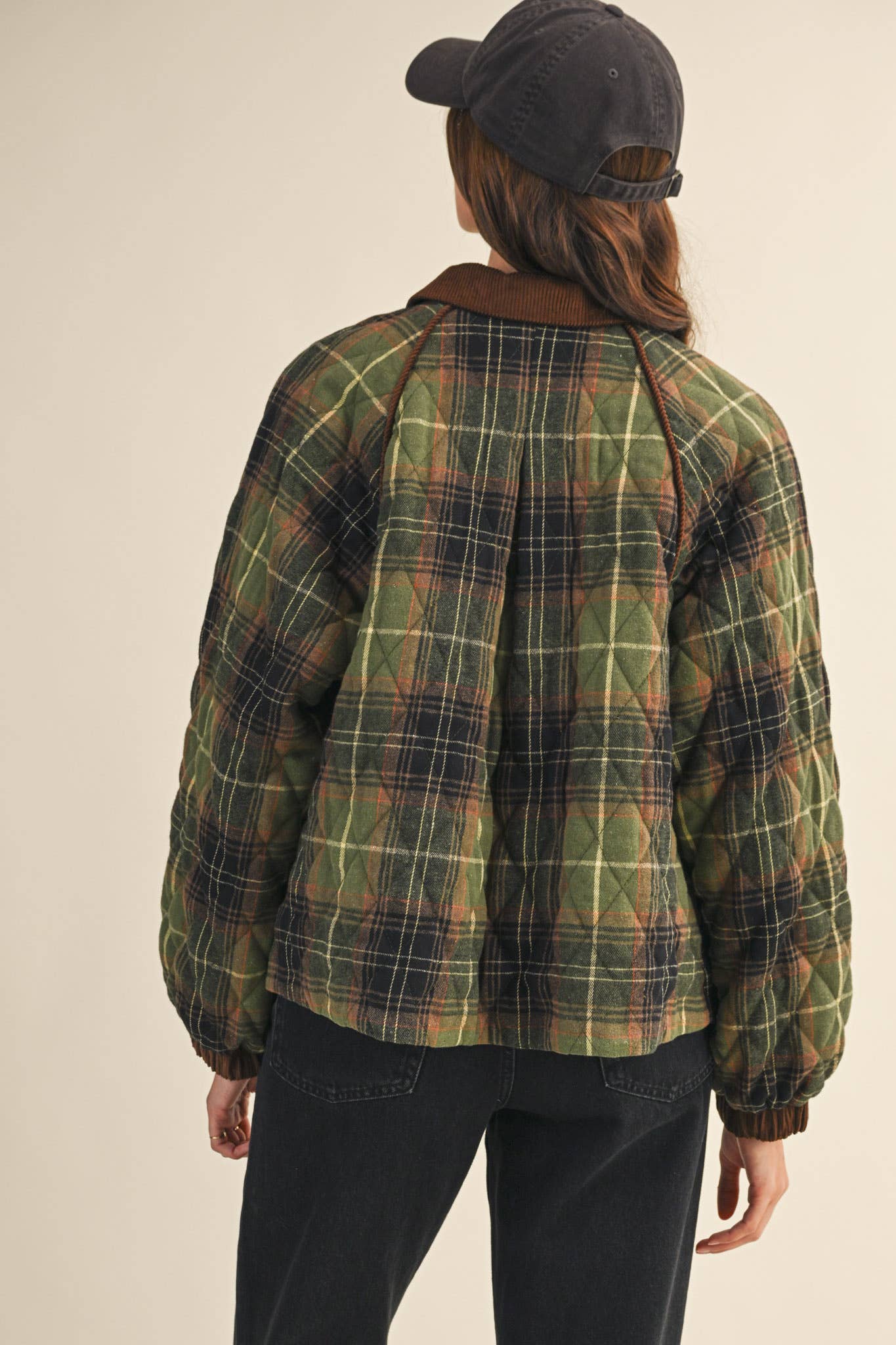 Plaid Quilted Jacket with Contrast Corduroy Detail