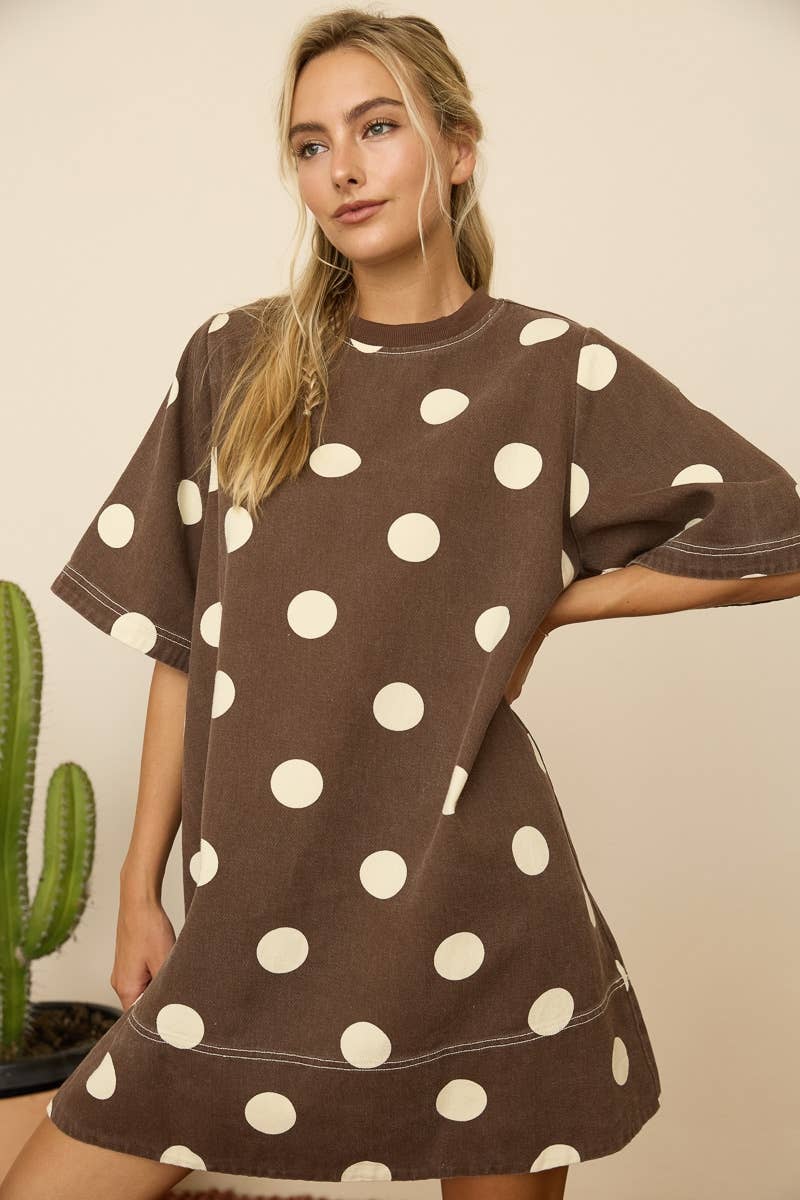 Polka Dot T-Shirt Mini Dress in Brown