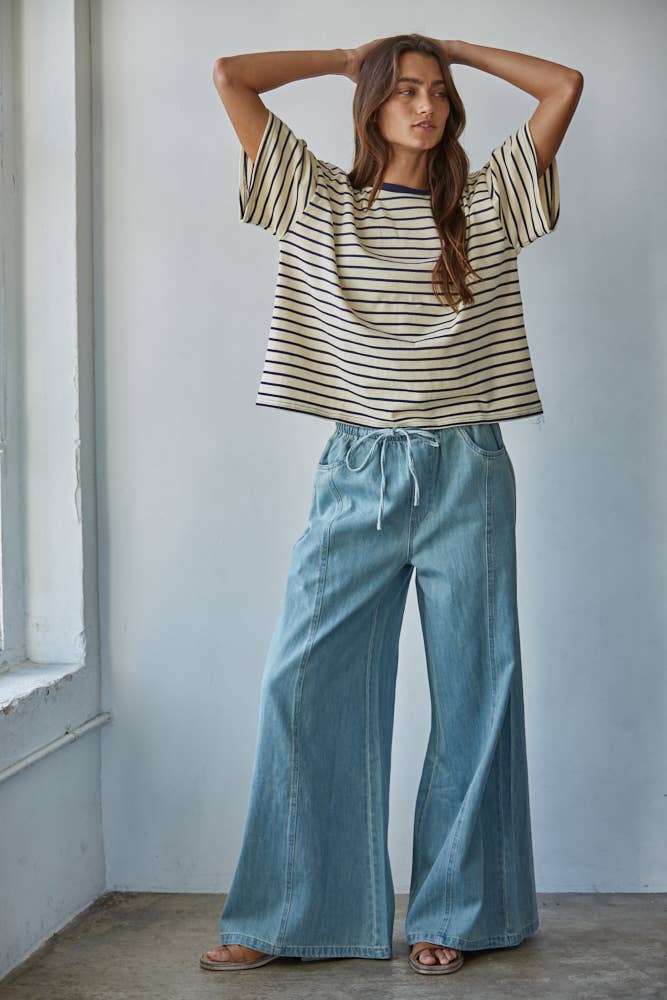 Striped Crew Neck Top in Natural Navy