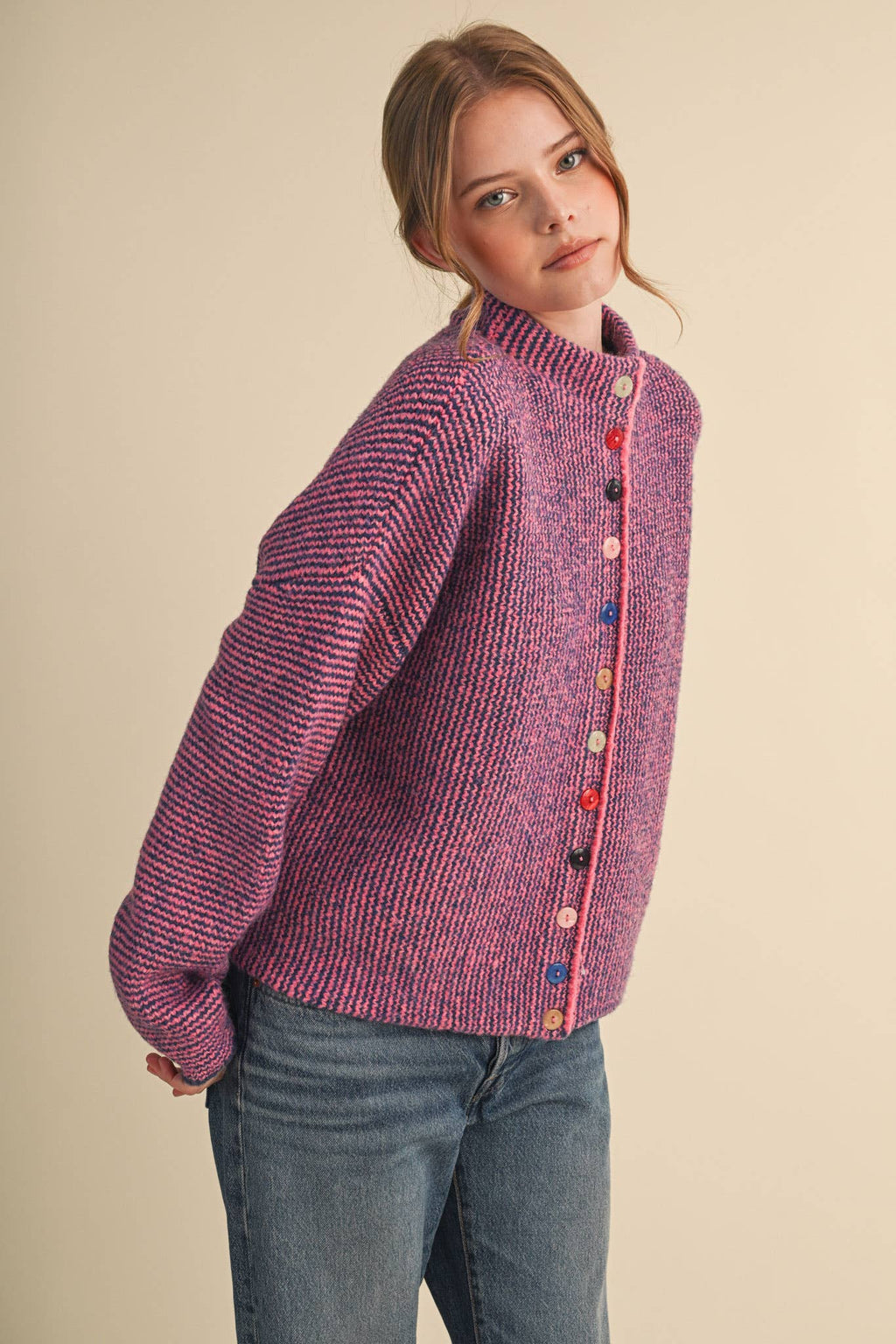 Striped Sweater Cardigan with Colorful Buttons