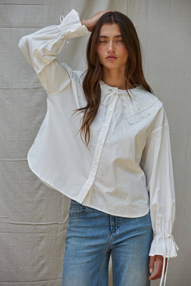 Buttondown Embroidered Wide Collar Top
