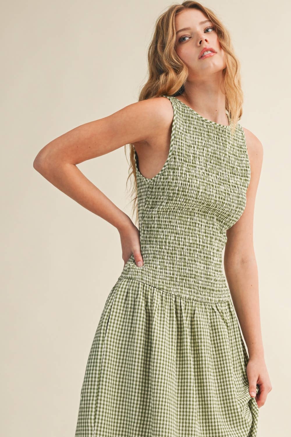 Mini Gingham Sleeveless Long Dress