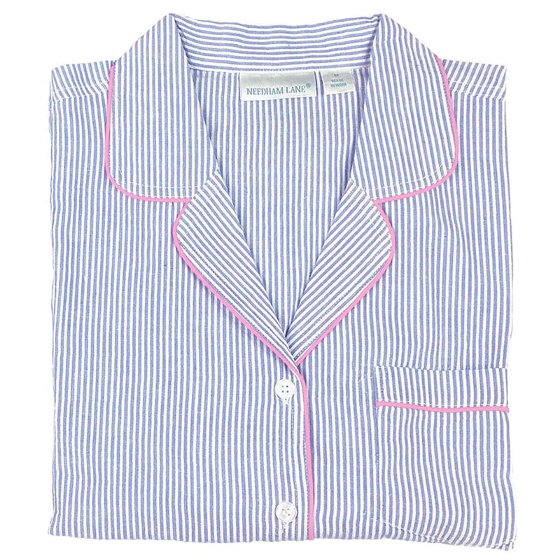 Blue Seersucker-Pink Short Sleeve Capri Pajamas