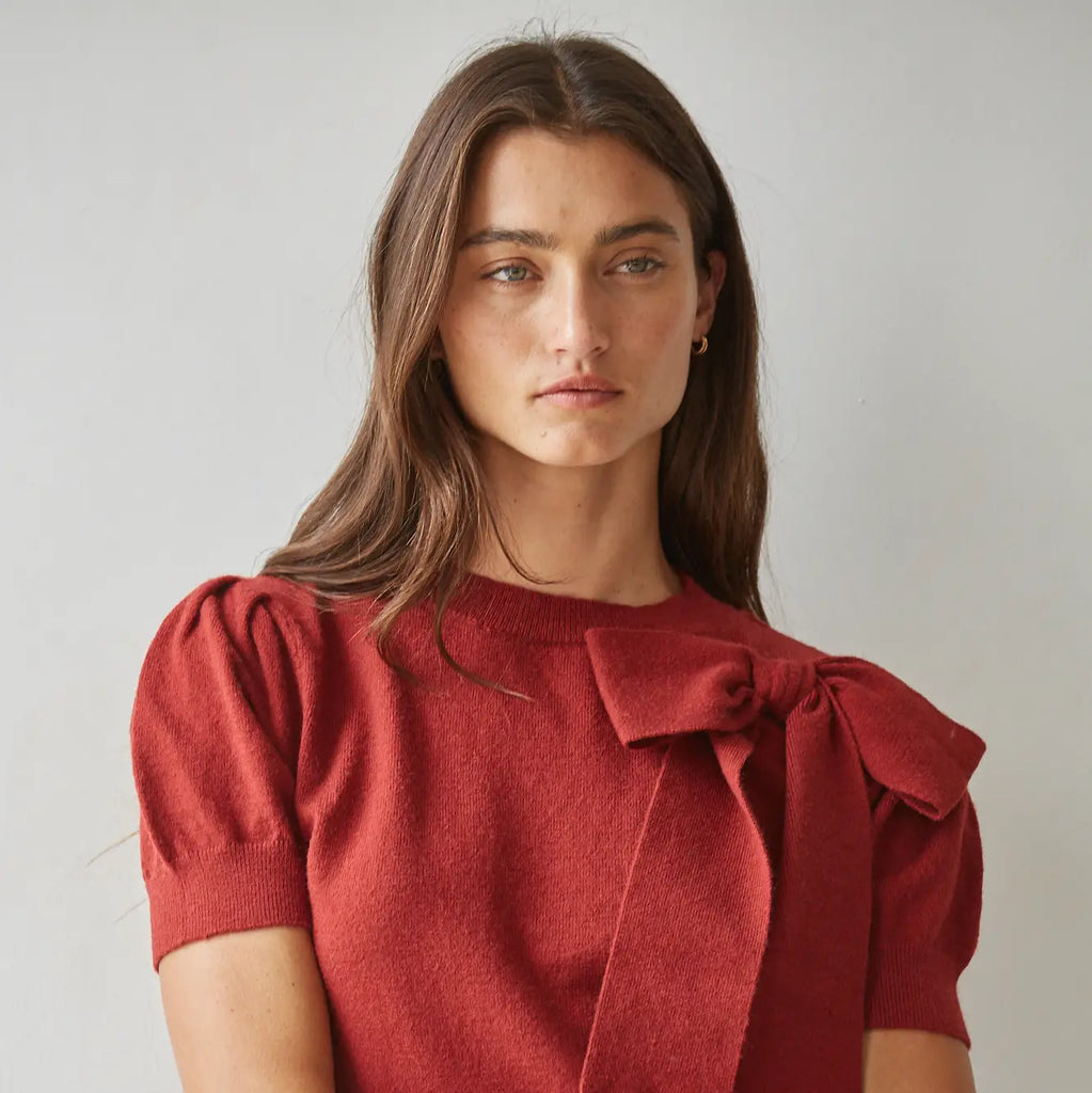Shoulder Bow Knit Sweater in Dusty Red