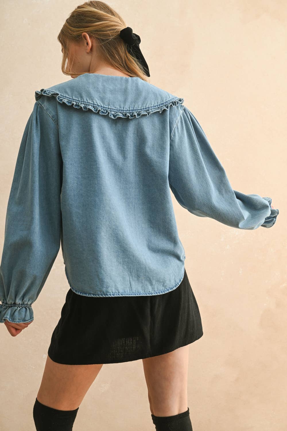 Ruffled Trim Collar Denim Shirt